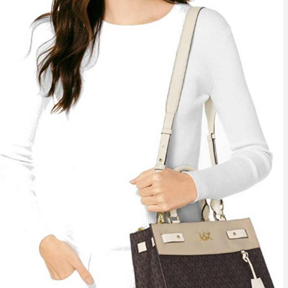 Michael Kors Reagan Large Satchel Signature Brown Soft Pink Fawn Coated Twill - Picture 3 of 11